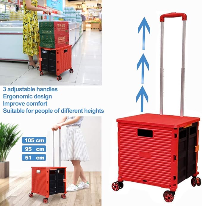Foldable Utility Cart Folding Portable Rolling Crate Handcart Shopping Trolley Wheel Box with Lid Wear-Resistant Noiseless 360°Rotate Wheel for Travel Shopping Moving Storage Office Use (Red)