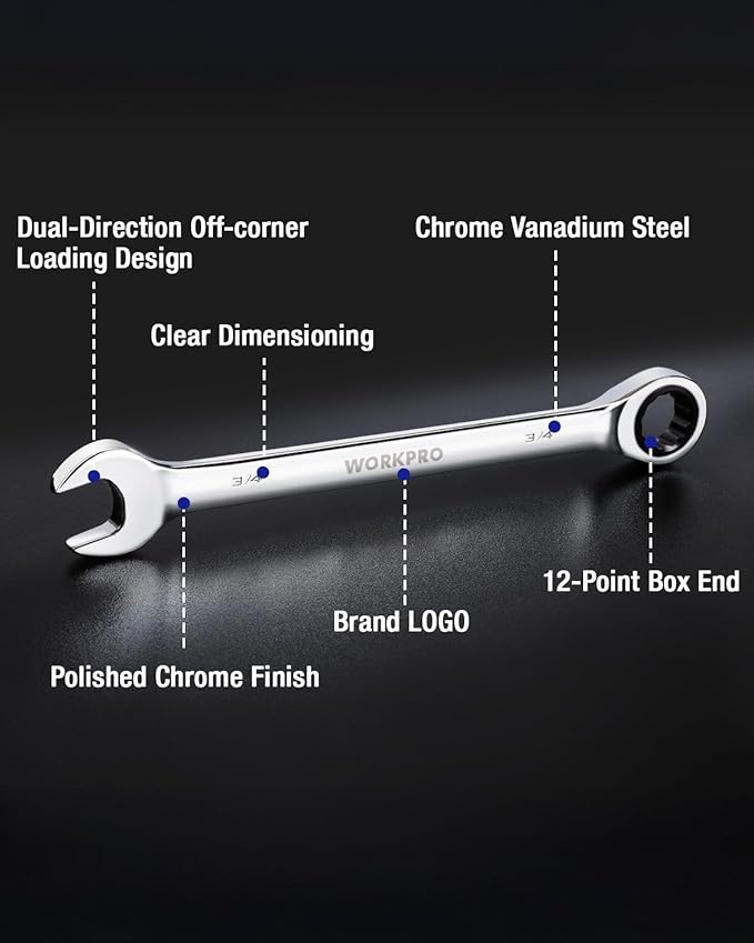 WORKPRO 3/4" Ratcheting Combination Wrench SAE, CR-V Constructed with Mirror Polish Chrome Plating, 12-Point Design, 15-Degree Offset