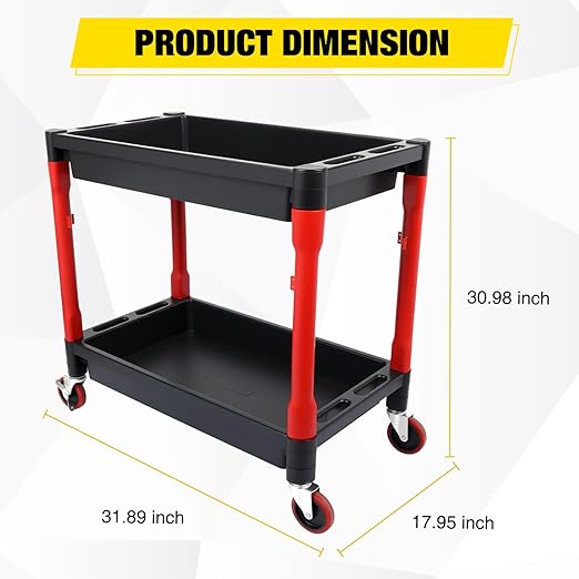 2-Tier Rolling Utility Cart with 4" Swivel Wheels, Heavy-Duty Plastic Tool Cart for Auto Detailing, Garage & Workshop