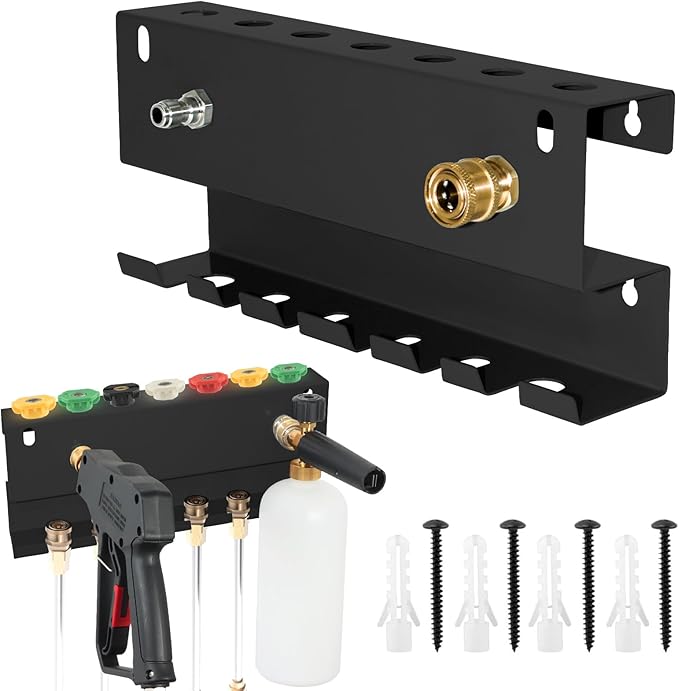 Pressure Washer Gun Holder, Wall Mounted Foam Cannon & Car Wash Accessories Storage Rack for Wand Extension and Nozzle Tips, Fits 1/4" Quick Connector, Black