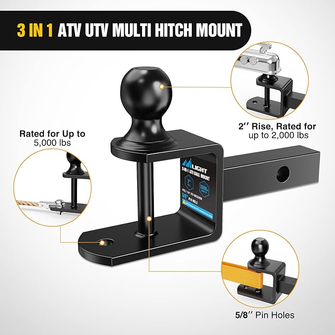 Nilight 3 in 1 ATV UTV Multi Hitch Mount Fits 1-1/4" Receiver with 2 inch Ball Hitch Rated 2000 LBS Winch Strap Loop Rated 5000 LBS
