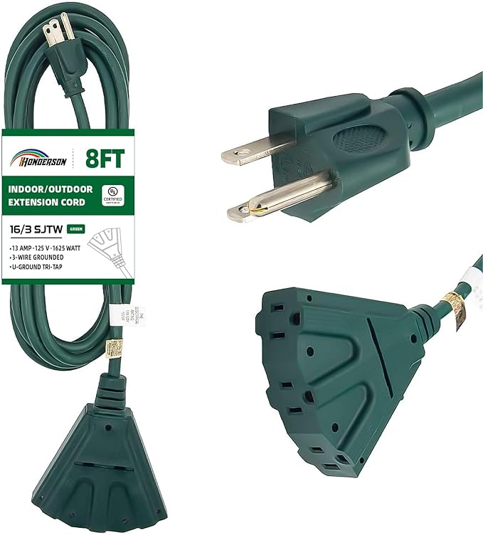 3-Outlets Indoor Outdoor Extension Cord Weatherproof, UL Certified, 16 Gauge 8FT Green 3 Prong Heavy Duty, 16/3 SJTW 13A Power Cord Multiple Outlets