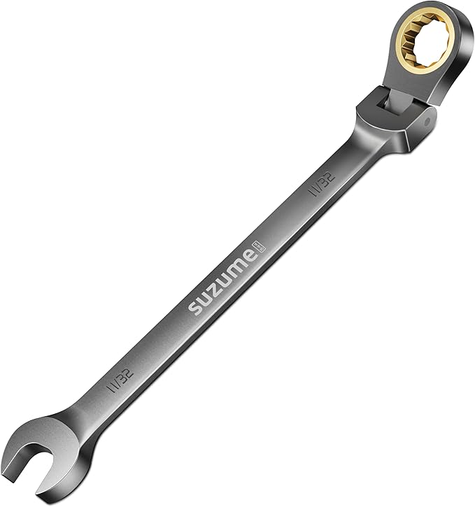 SUZUME 11/32” Flex Head Ratcheting Wrench SAE 72 Teeth Cr-V Steel with 180° Flexible Head 15K+ Cycle Locked Gears Black Nickel Coating