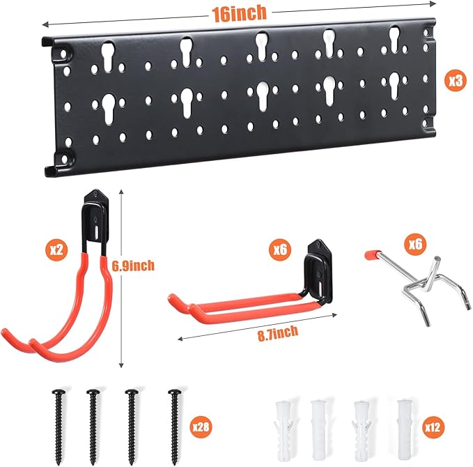 Ultrawall Multi-Storage Garage Hooks, Utility Rack with Multiple Installation Methods, Wall-Mounted Garden Tool Organizer System for Shovels, Rakes, Ladders,17pcs