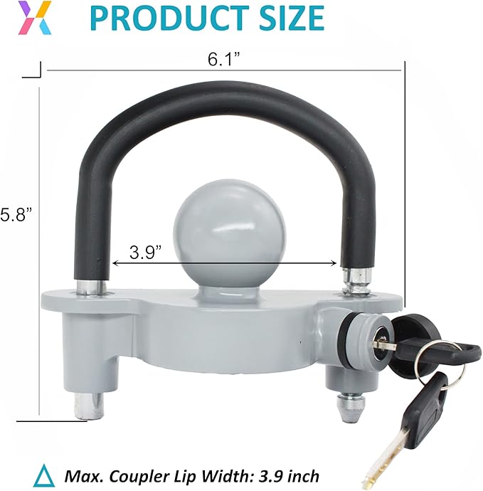 X-Haibei Universal Coupler Lock Trailer Hitch Lock Fits 1 7/8, 2 and 2 5/16 inch Couplers, Adjustable Trailer Lock Ball Hitch, Heavy Duty Aluminum Body, Copper Lock Cylinder, Rustproof, Gray