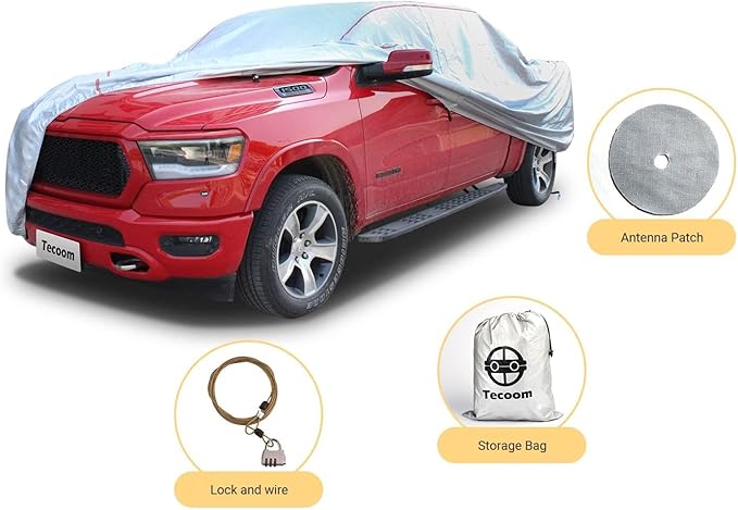 Tecoom Truck Car Cover Waterproof, Windproof UV-Proof Zipper Design with Straps Buckle, Fit for Ford F150 Ram 1500 Chevy Silverado Toyota Tundra GMC Sierra, Full Size Length Up to 212"