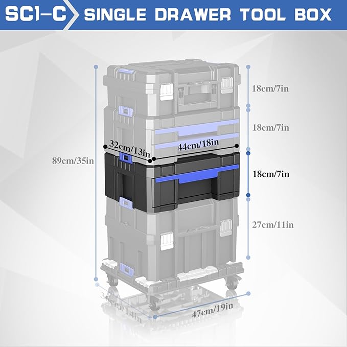 18 Inch Tool Box with Drawer | AIRAJ Stackable Modular Tool Organizer Box Storage System | Garage Storage | Home Repair | Professional Use | (SC1-C)