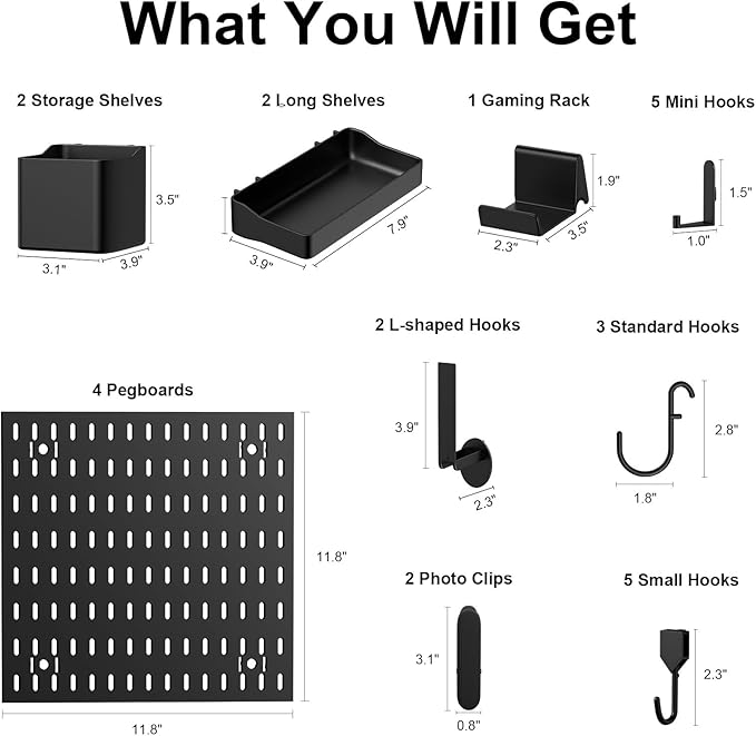 4 Pack Pegboard Wall Organizer Set, Black Modular Peg Board Organizer for Wall Storage, Versatile Wall Peg Board for Home Office, Garage, Craft Room & Gaming Setup