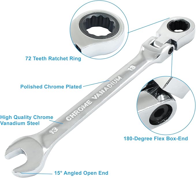 13mm Flex Head Ratchet Wrench, 12 Point Chrome Vanadium Steel Combination Spanner with 72 Tooth Ratcheting Gear, Metric Industrial Grade Tool for Automotive and Mechanical Maintenance
