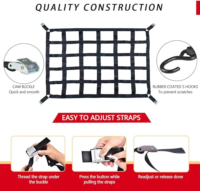 Surmountway Cargo Net for Pickup Truck Bed(82" x 50"), Truck Bed Cargo Net with Capacity 1100LBS, Heavy Duty Cargo Nets with Adjustable Cam Buckles & S-Hooks, Truck Cargo Net for Trailer Trucks