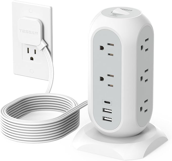 TESSAN Tower Power Strip Flat Plug with 11 Outlets 3 USB (1 USB C), Surge Protector Tower 1625W/13A,1050J Protection, 10 Feet Extension Cord with Multiple Outlets, Dorm, Office Desk Supplies, Grey