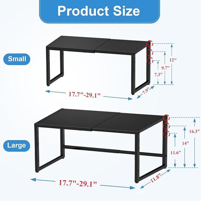 2 Pack Expandable Storage Shelves (Small + Large), Heavy Duty Metal Shelving Unit Rack Pots Pans Microwave Small Appliances, Adjustable Height Storage Shelf Rack Organizer For Kitchen Cabinet Pantry