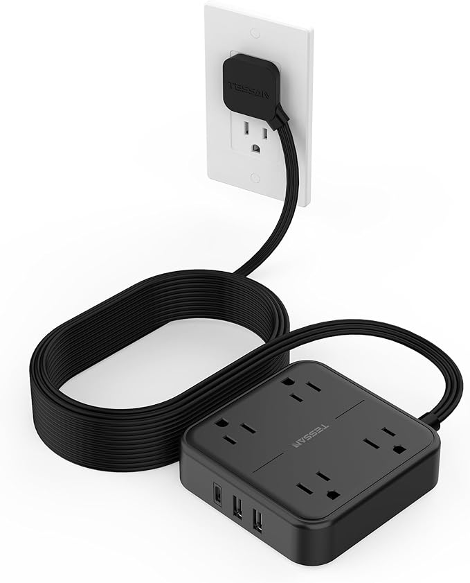 TESSAN Surge Protector Flat Extension Cord 15Ft, Flat Plug Power Strip with 4 Outlets 3 USB Ports (1 USB C), 900 Joules Protection, Multiple Wall Outlet Extender Suitable for Home Office Dorm, Black