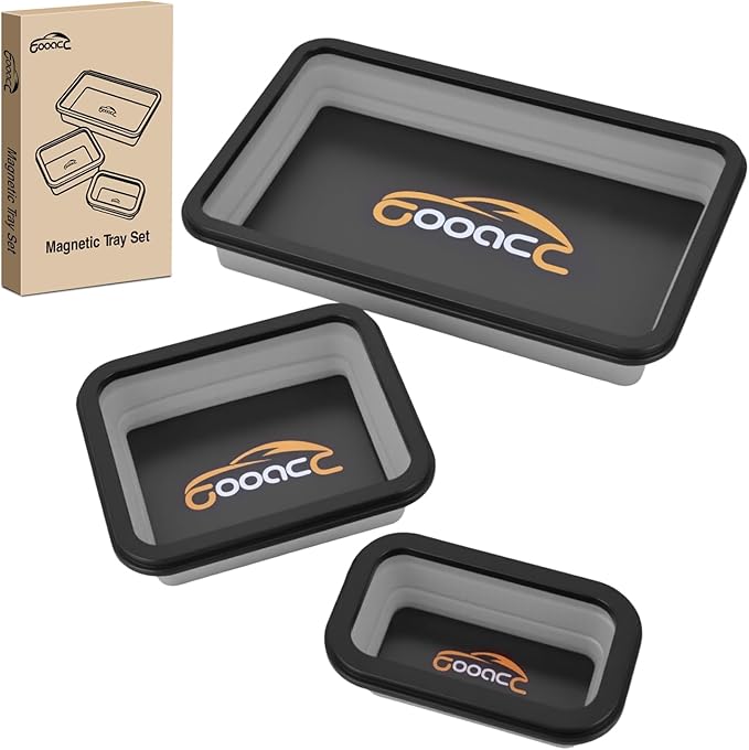 GOOACC 3 Sizes Collapsible Magnetic Parts Tray Set Light Grey Silicone Foldable Tool Trays Organizer for Screws Bolts Nuts Pins Washers and Other Small Metal Parts Double Sided Magnet Base