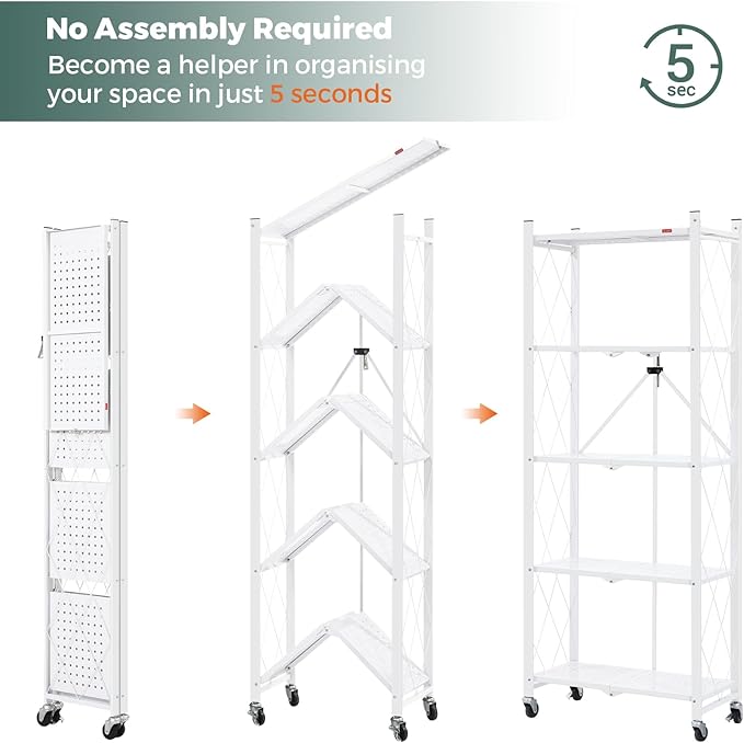 DEANIC 5-Shelf Folding Bookcase with Wheels, Rolling Bookshelf Heavy Duty Storage Shelves, Freestanding Metal Wire Shelving Unit for Living Room, Office, Kitchen, Basement, Pantry (White)