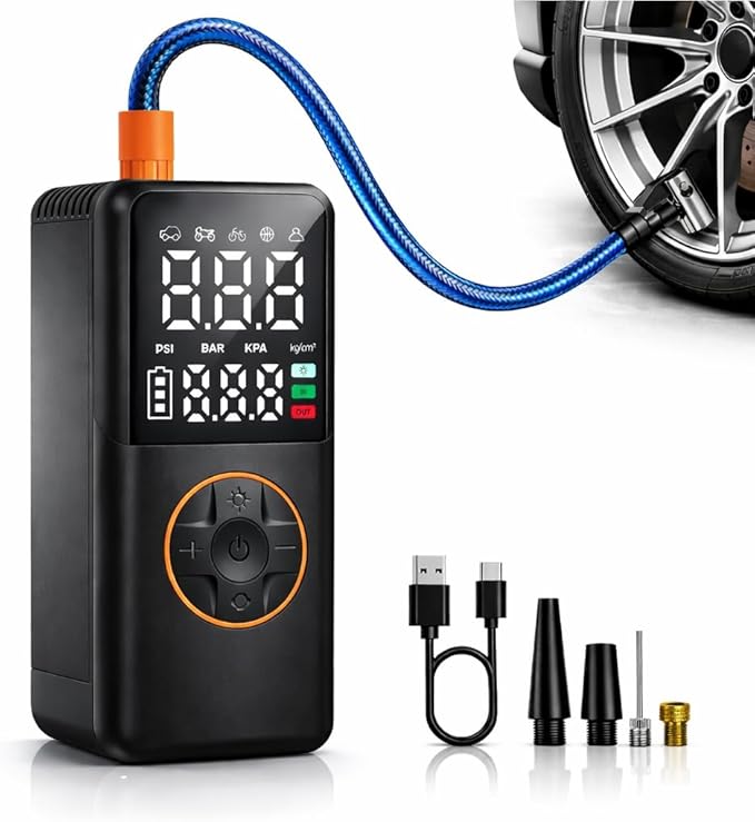 Tire Inflator Portable Air Compressor, 150PSI Cordless Electric Bike Pump, Portable Tire Inflator with LCD Pressure Gauge & LED Light, Portable Air Pump for Car, Motorcycle, Bicycle, Balls
