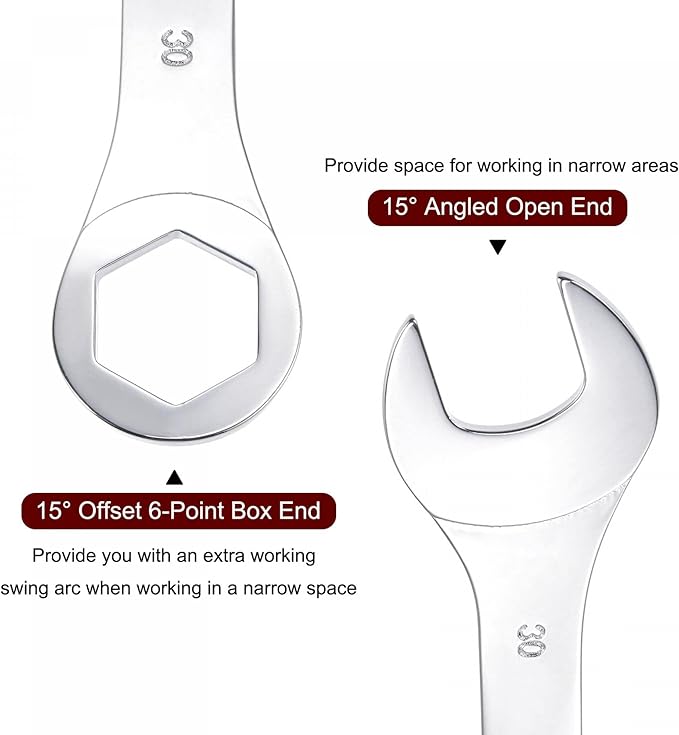uxcell Thin Combination Wrench with Offset 6-Point End and Angled Open End, Metric Mirror-Chrome Plated High Carbon Steel, for Household Repairs, 30mm