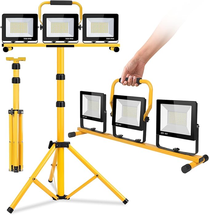 22000 Lumen Work Lights with Stand, 3 Adjustable Head LED Work Light, with Adjustable and Foldable Tripod Stand, Waterproof Lamp with Individual Switch with 6500 Kelvin Color （3head Yellow）