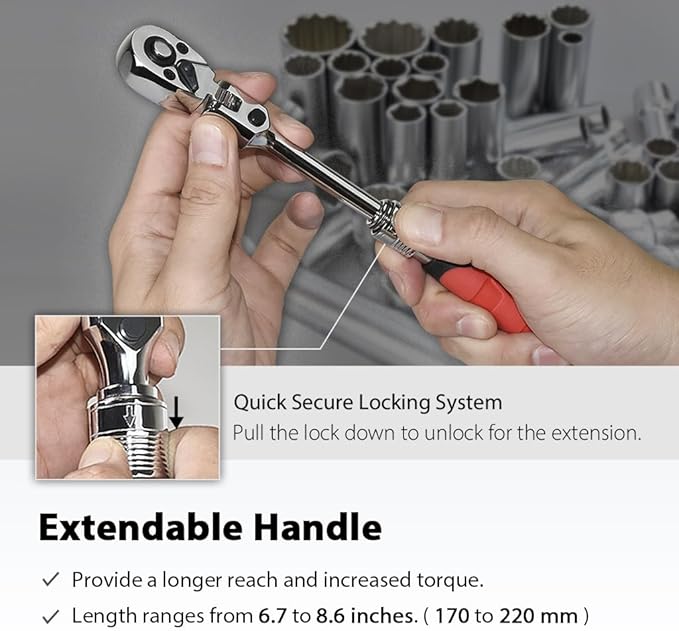 FIRSTINFO F3222NB Taiwan 1/4-Inch Drive Flex Head Extendable Ratchet | 72 Tooth Quick Release Reversible Ratcheting with Soft Grip Handle, 6.7 to 8.6 Inch Lengths