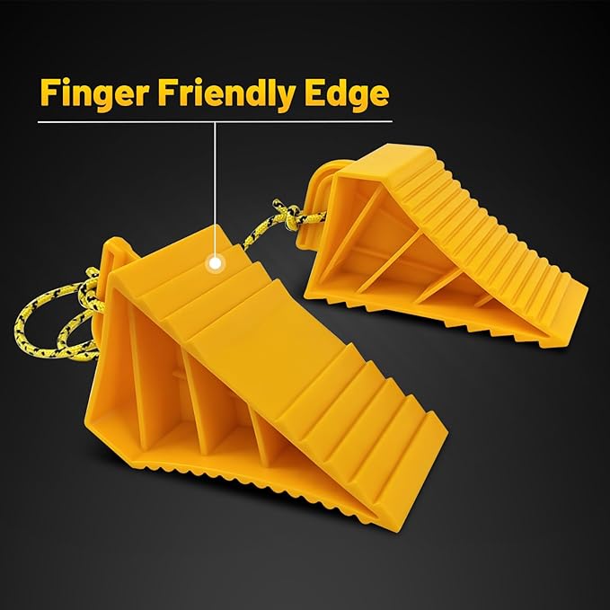 HOXWELL 1 Pair Wheel Chocks with Rope & Handle Design for Travel Trailers, Non Slip Yellow Wheel Chock, Lightweight Wheel Stoppers for Cars Campers Trucks RVs, Easy to Carry
