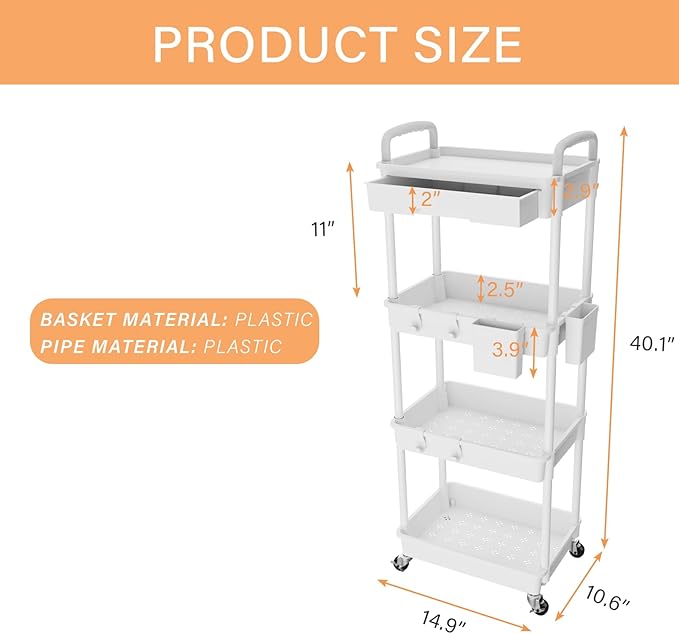 4 Tier Rolling Utility Cart with Drawer,REBECAT Utility Cart Made of Multifunctional Storage Organizer Tool for Kitchen,Bathroom,Living Room,Office(Gray)