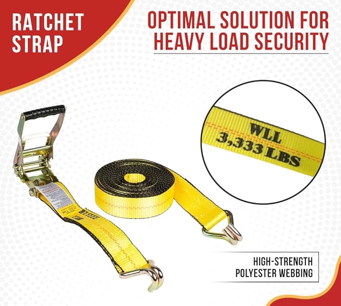 Mytee Products 20 Pack 2 Inch x 30 FT Yellow Ratchet Strap with J Hooks - 10,000 Lbs Breaking Strength - Heavy Duty Tie Down Cargo Truck Straps with Wire Hooks for Flatbed, Truck, Trailers Pickup