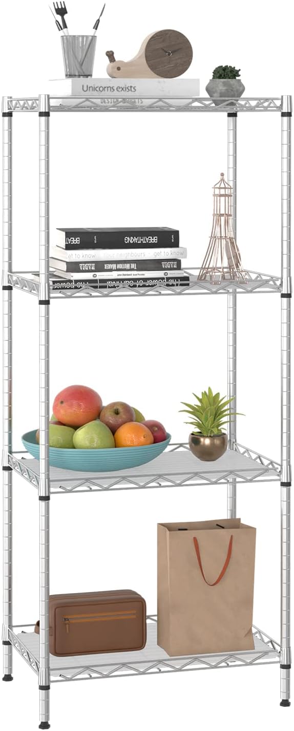 BestOffice 4-Shelf Adjustable Storage Shelving Unit Metal Rack Wire Shelf 600Lbs Capacity with 4 PP Sheets 18L x 12W x 44H for Laundry Bathroom Kitchen Garage,Chrome