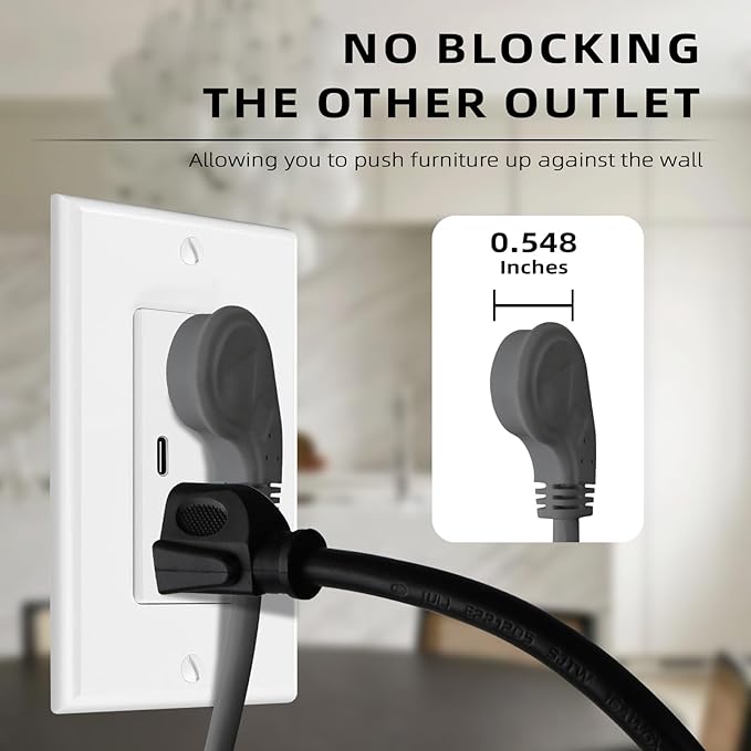 EP 2 Pack 3 Ft Flat Plug Extension Cord, 16 AWG 3 Prong Grounded Grey Low Profile Extension Cable for Indoor