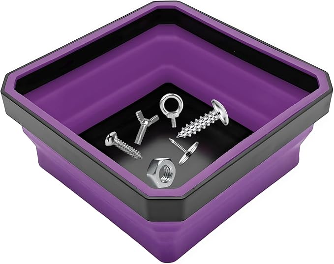 Collapsible Magnetic Parts Tray, 4.5" Square Silicone Metal Parts Organizer Double-Sided Magnet Bowl, Foldable Magnetic Tool Trays for Screws Bolts Nuts Washers Pins (Purple)