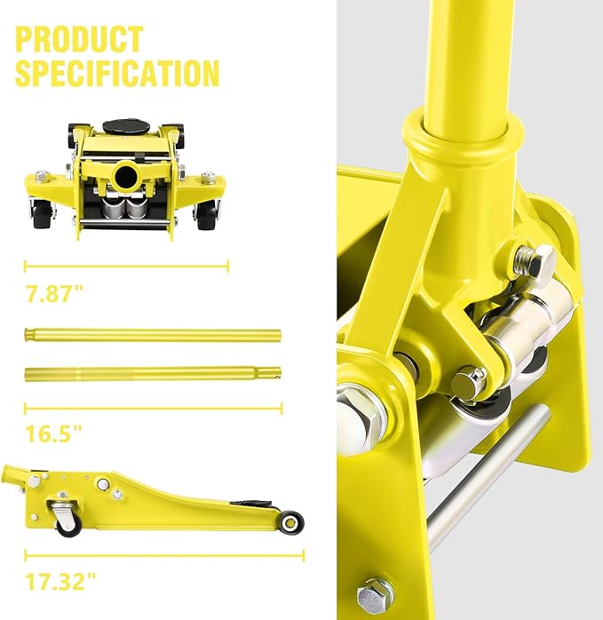 PM PERFORMOTOR Low Profile Hydraulic Trolley Service/Floor Jack, 3 Ton (6000 lbs) Capacity, Lifting Range 3"-20",Yellow,PM-TOL-FJ30-YL