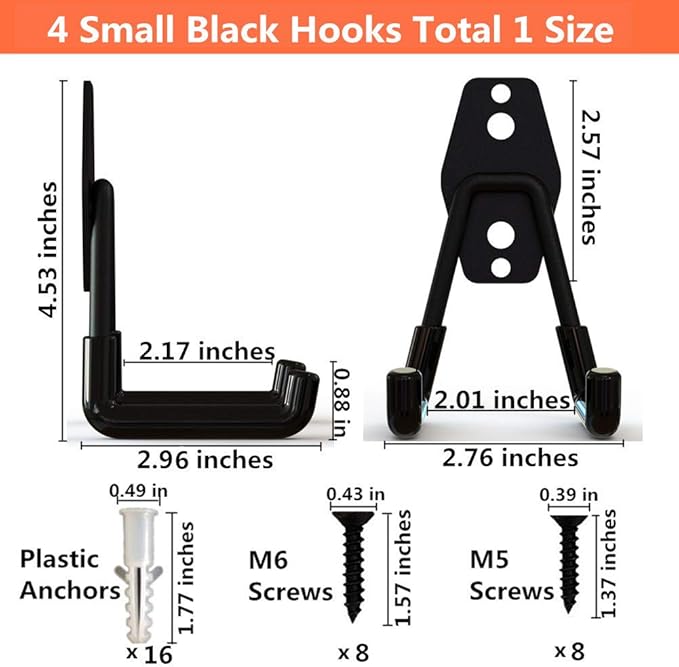 Garage Utility Double Hooks,Heavy Duty Steel Wall Mount Storage Organizer with Anti-Slip Coating,Load Capacity 66 LB (4 Pack Black 3" U Hook)