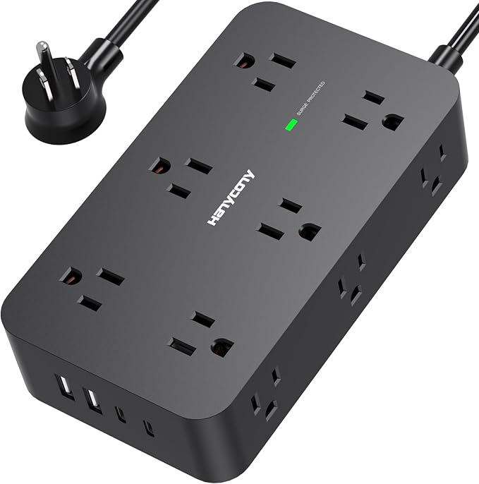Power Strip Surge Protector with 12 Outlets 4 USB Ports(2 USB C), HANYCONY Black Flat Extension Cord 6 Feet, 1800J, Wall Mount, Desk Charging Station for Office Home College Dorm Room Essentials