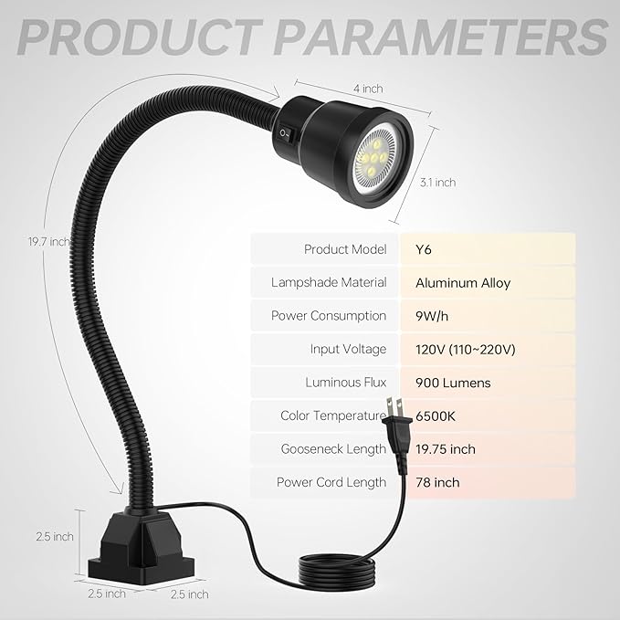 Led Work Light, 9W Machine Light, 900 Lumens Flexible Work Lamp for Lathe Milling Machine Drill Press, Aluminum Alloy Light Head (Fixed Base)