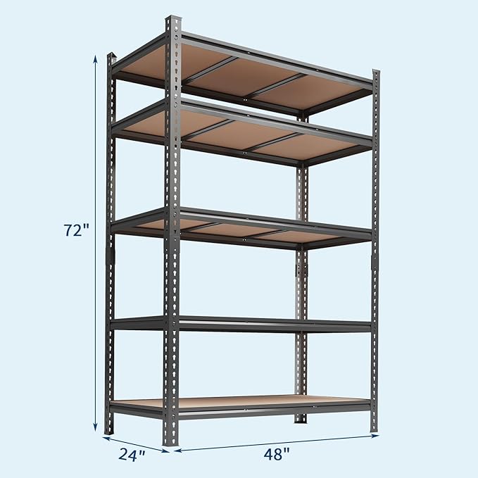 5-Tier Heavy Duty Adjustable Metal Storage Unit, 72" h x 48" w x 24" d, for Garage, Basement, Warehouse, Pantry, Closet, Kitchen, Black