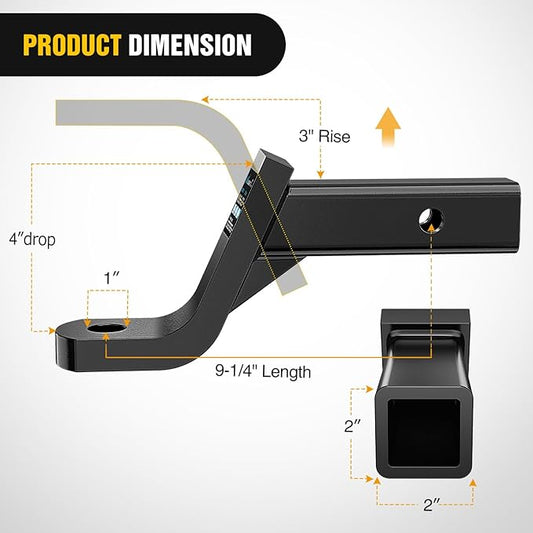 Nilight Trailer Hitch Ball Mount with 5/8" Hitch Pin Clip Fits 2 Inch Receiver Square 7500 lbs 4" Drop, 3” Rise, 1” Hole, Gloss Black Powder Coat