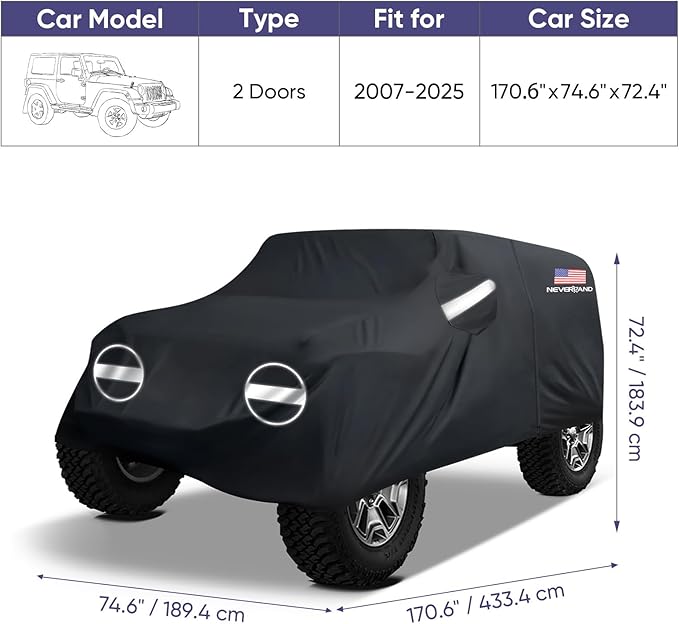 NEVERLAND Car Cover for Jeep Wrangler 2 Door Waterproof Car Covers, All Weather Protection Jeep Sun Rain Protection for Wrangler 2 Door Fits JK JL 2007-2025 Outdoor Covers Black with Door Zipper