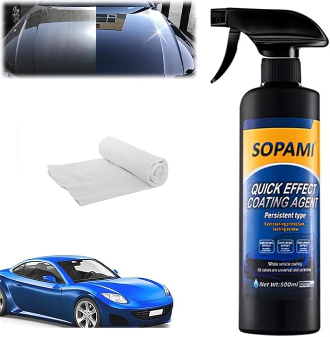Sopami Car Coating Spray,Quick Effect Coating Agent,Quickly Coat Car Wax,Car Scratch Wax Polish Spray Waterless Wash,Oil Film Emulsion Glass Cleaner with towel (1 pcs)