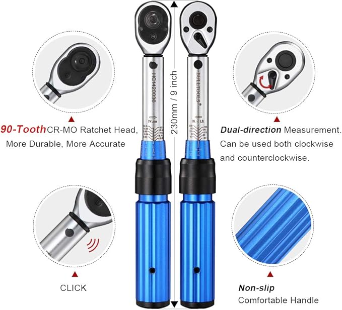 BULLTOOLS 1/4-inch Drive Click Torque Wrench Set Dual-Direction Adjustable 90-tooth Torque Wrench with Buckle (20-200in.lb / 2.26-22.6Nm)