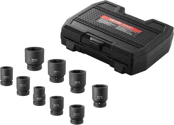 VEVOR Axle Nut Impact Socket Set - 1" Drive 6-Point 9-Piece SAE Spindle Nut Socket CR-MO Heat Treated Large Socket Set with Storage Case for Auto Repair, Removing or Installing Axle Nuts