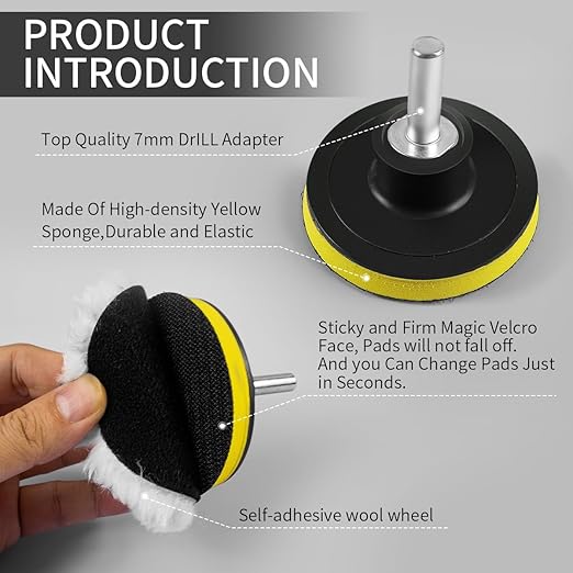7 Piece 3 Inch Wool Buffing Pad, Drill Buffer Connecting M10 Drill Adapter, Buffing Pads, for Car Polishing and Waxing, Painting Tabletops, Old Leather Sofas, Tile Polishing