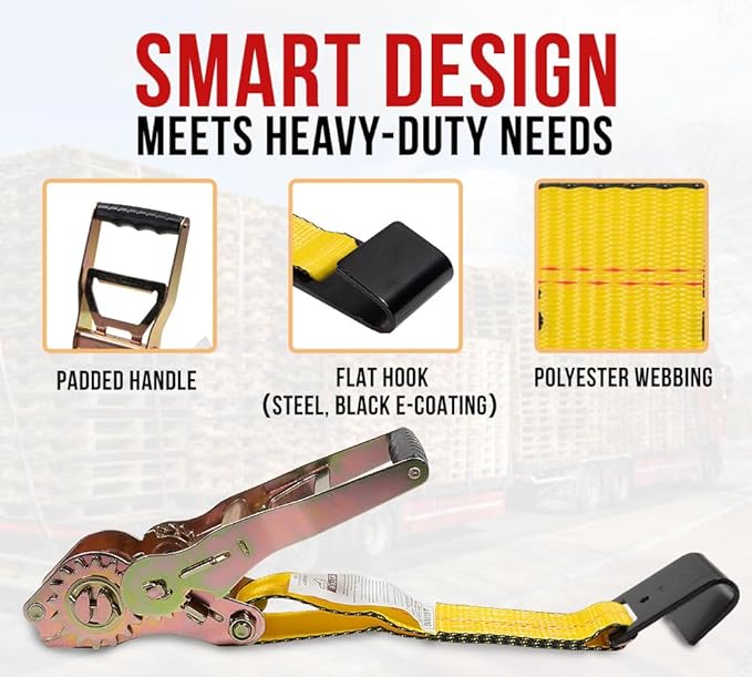 Mytee Products 10 Pack 2" x30' Self-Tensioning Ratchet Tie Down Straps with Flat Hooks - 3,333 Lbs WLL - Heavy Duty Tie Down Ratchet Straps for Flatbed, Truck, Trailers, Cargo, Pickup - Yellow