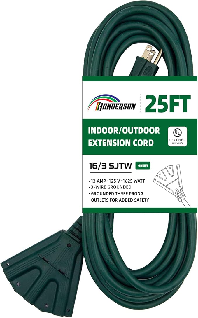 3-Outlets Indoor Outdoor Extension Cord Weatherproof, UL Certified, 16 Gauge 25FT Green 3 Prong Heavy Duty, 16/3 SJTW 13A Power Cord