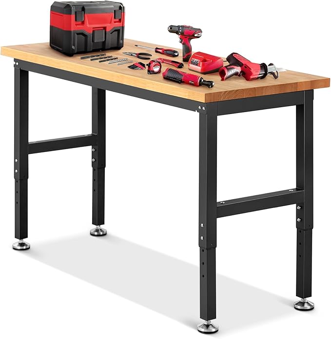 ENJOYWOOD 60" x 22" Garage Workbench Adjustable Height Work Table Heavy Duty Rubberwood Top Work Bench for Workshop, Office & Home