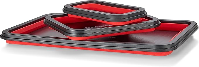 Collapsible Magnetic Parts Tray Set - 3 Different Size Tool Trays for Screw, Bolts, Nuts, Washers, Pins and Other Small Metal Parts, Mechanic Tool Gifts for Men - Red