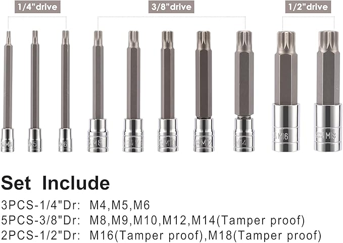 CASOMAN 10 Piece Spline Tip Bit Socket Set, M-Type, S2 and Cr-V Steel, Extra Long 4'' Length, M4-M18, XZN Triple Square Spline Bit Socket Set