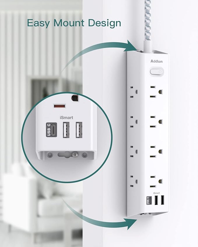 Surge Protector Power Strip - 15 FT Extension Cord, Power Strip with 12 Widely AC Outlet 3 USB, Flat Plug Wall Mount Overload Protection, 1050J, Desk Charging Station for Home Office, ETL Listed,White