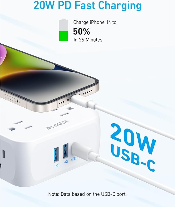 Anker Power Strip with 2000J Surge Protector, Flat Plug Extension Cord with Multiple Outlets, 8 AC, 2 USB A & 1 USB C Port for 20W, 5ft Outlet Extender, Dorm Room Essentials, Home Office, TUV Listed