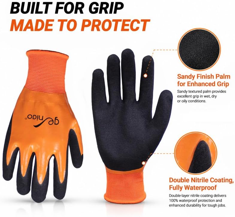 Waterproof Work Gloves for Men Women Double Nitrile Coated Gloves with Non-Slip Palm for Garden Yard Fishing Cleaning