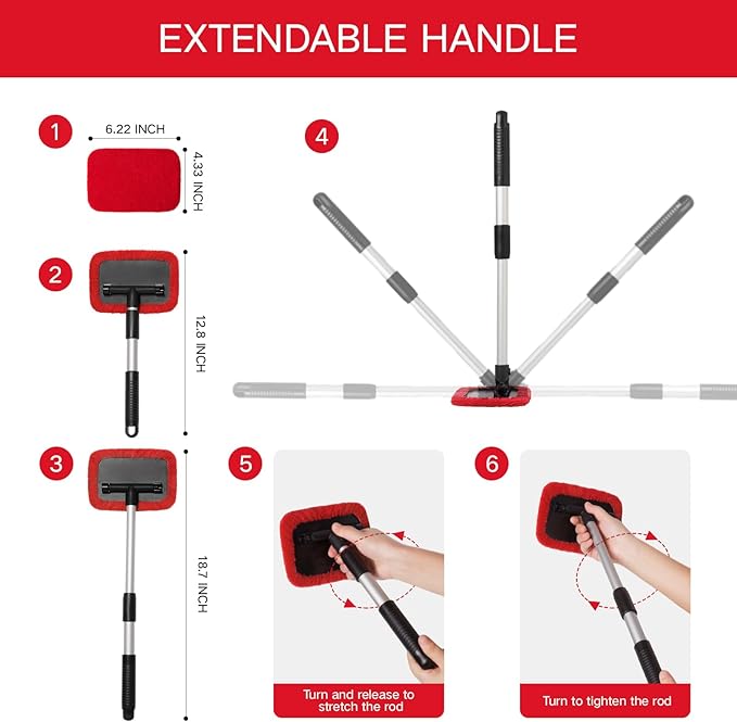 11pcs Windshield Cleaner Tool, Car Window Cleaning Wash Kit with 6 Reusable Microfiber Pads 2 Spray Bottles and Extendable Handles Auto Glass Wiper Kit, Red