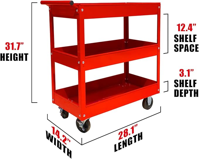BIG RED Steel Rolling Service Tool Cart with 3 Tires , Heavy Duty Utility Cart on Wheels with Two Brake for Office，Kitchen，warehouse,400 lbs Capacity,Red
